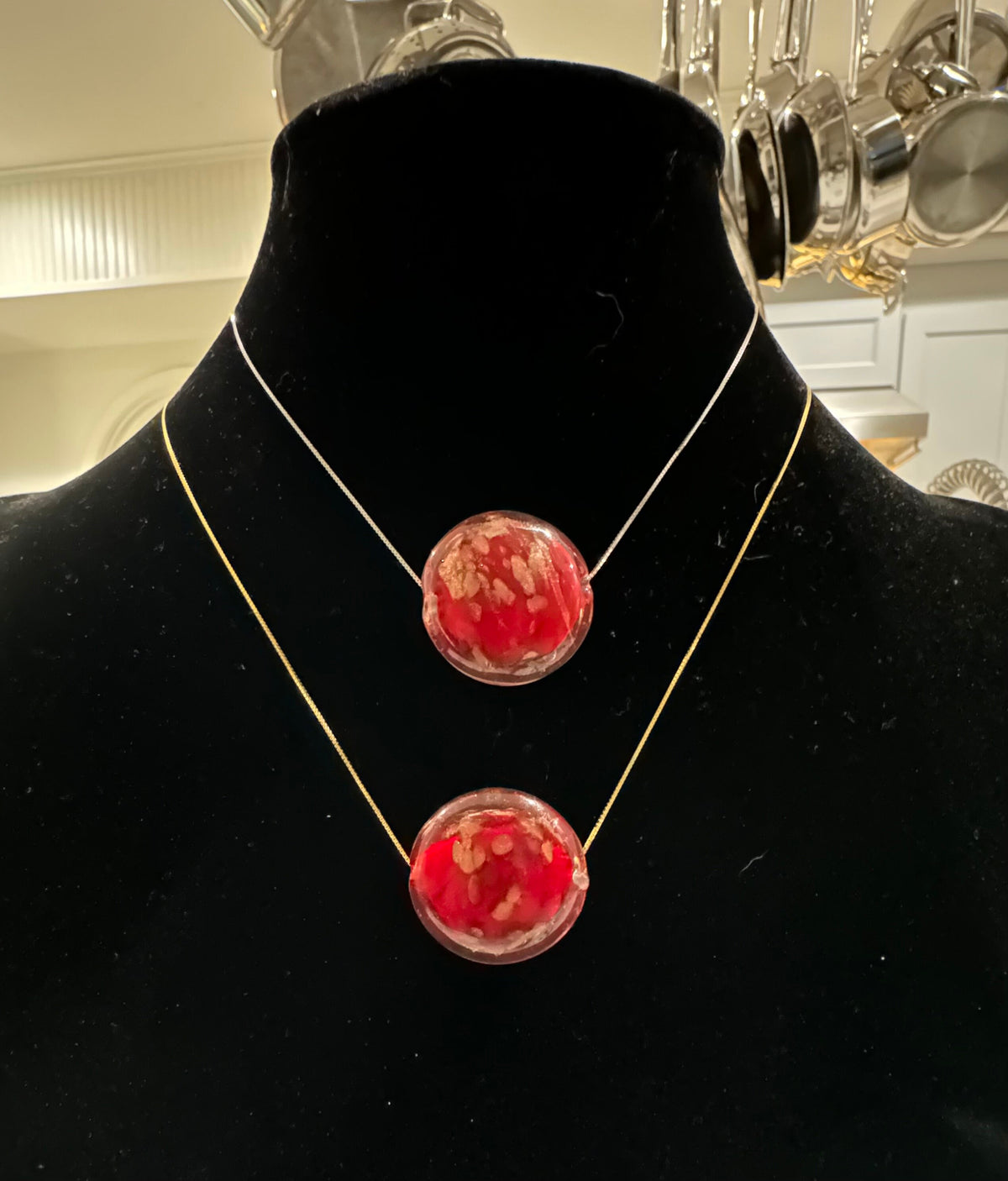 Extra Large Red, Gold and Silver Murano Glass on Sterling Chain