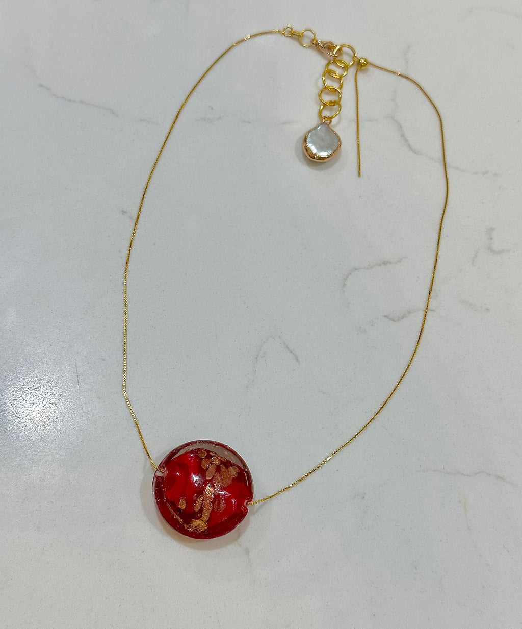 Extra Large Red, Gold and Silver Murano Glass on Sterling Chain
