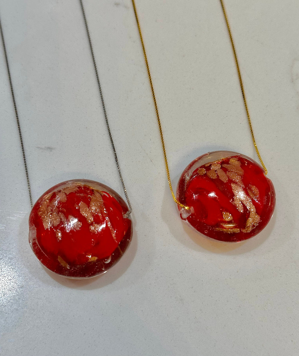 Extra Large Red, Gold and Silver Murano Glass on Sterling Chain
