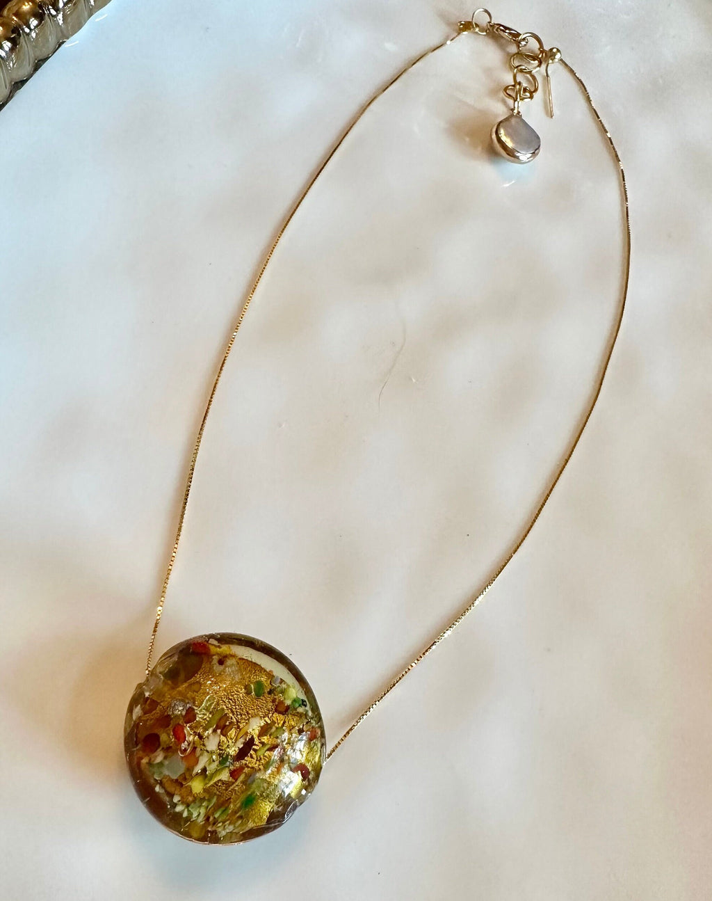 Gold Murano Glass Necklace: Sterling Chain, Handmade Pearl Extender