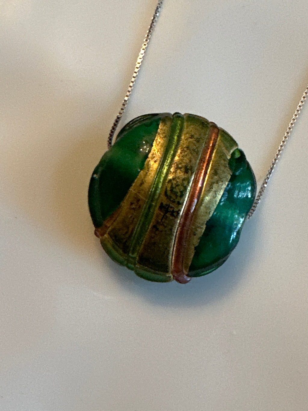 Green Murano Glass with Gold Detail on 925 Sterling Chain