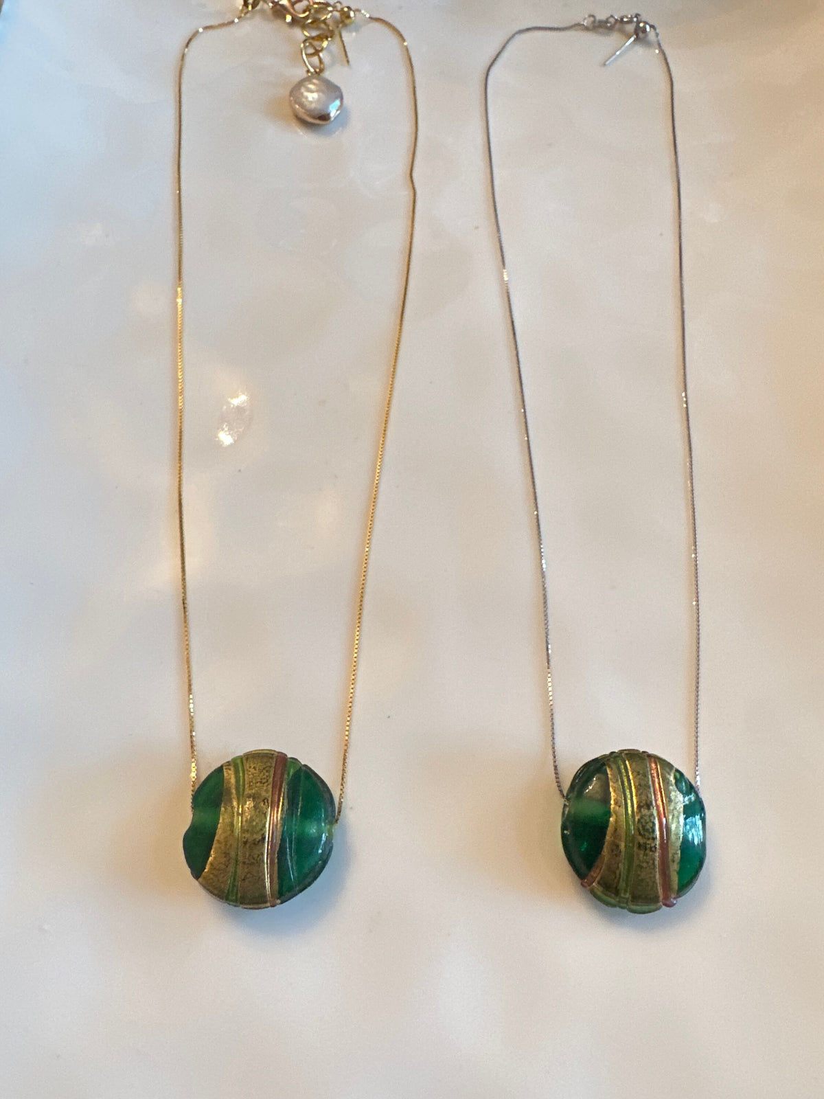 Green Murano Glass with Gold Detail on 925 Sterling Chain