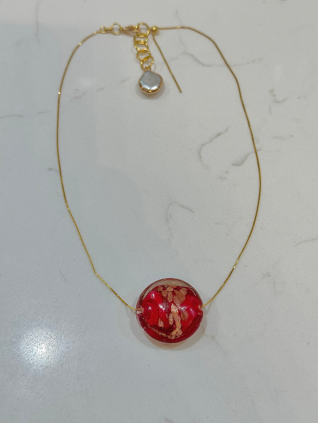 Extra Large Red, Gold and Silver Murano Glass on Sterling Chain