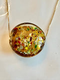 35mm Gold Foil with iridescent color Lampwork Glass on a Sterling chain with a hand made pearl extender.