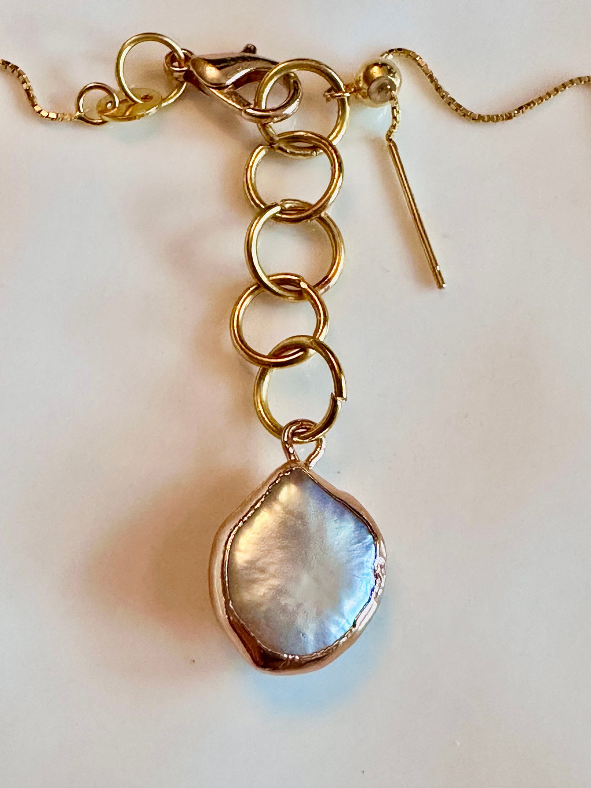 Gold Murano Glass Necklace: Sterling Chain, Handmade Pearl Extender