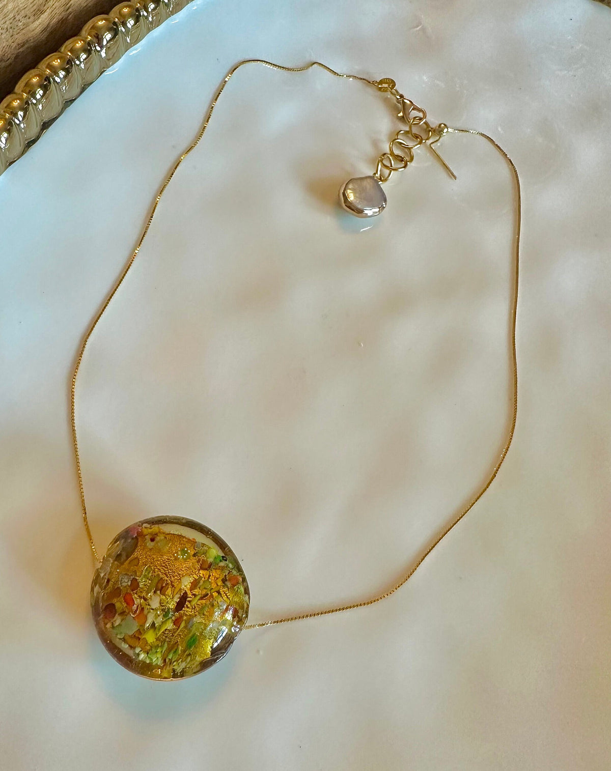 Gold Murano Glass Necklace: Sterling Chain, Handmade Pearl Extender
