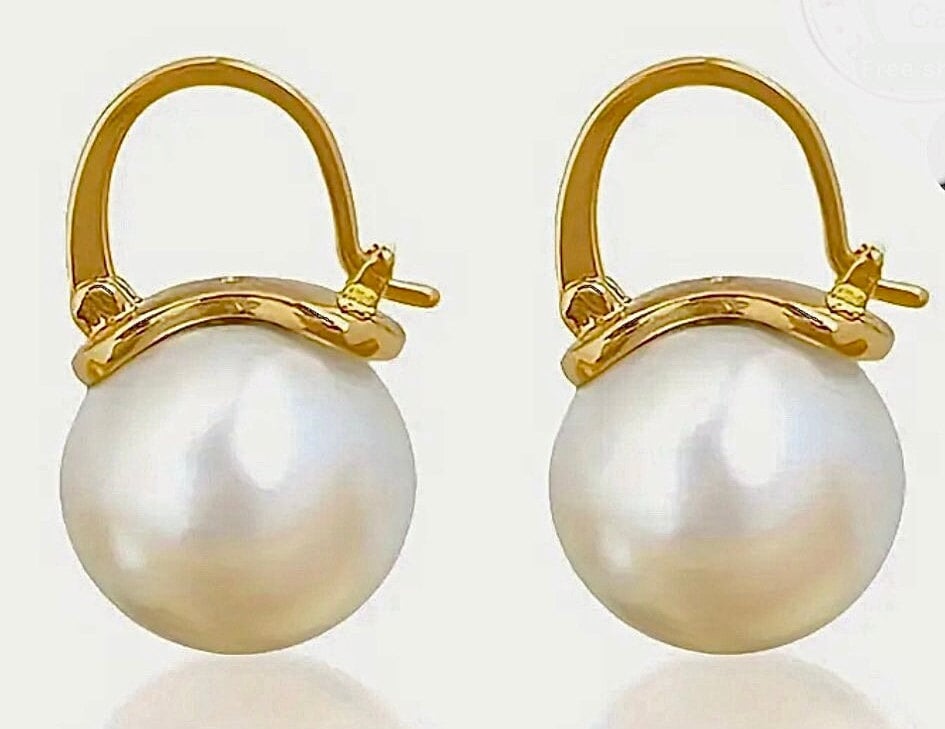 14mm Shell Pearl Earrings: 925 Sterling Silver Post, Gold or Silver