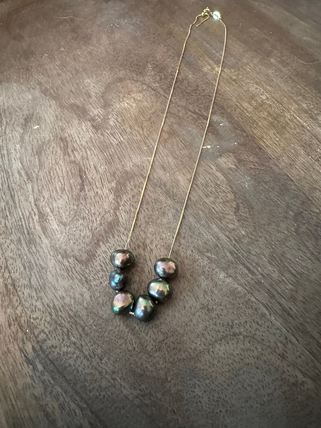 Six Iridescent Deep Purple Pearls Floating on a 925 Sterling Silver Chain-Yellow Gold color