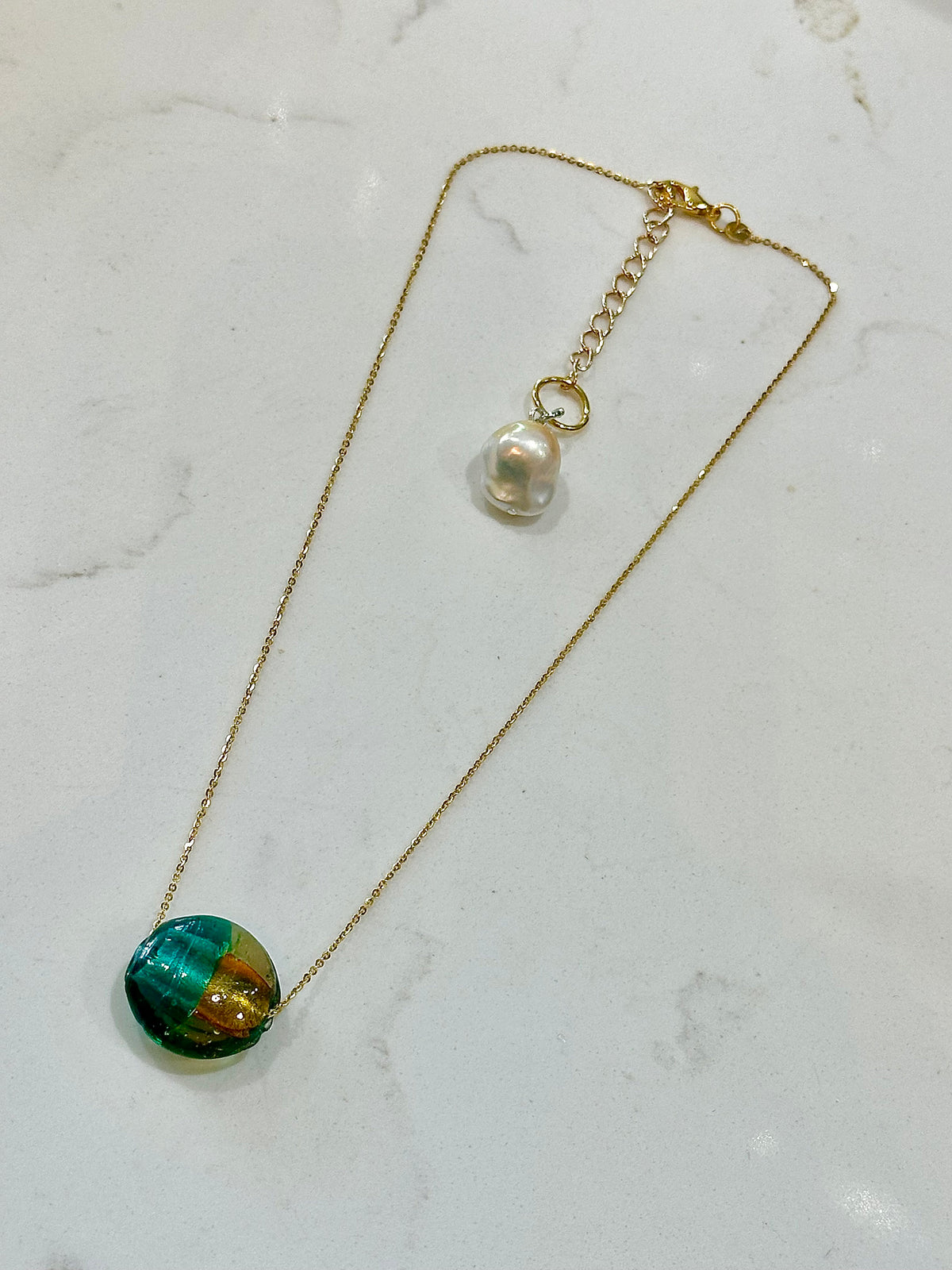 Deep Aqua (RARE)  and Gold Murano Glass on Yellow Gold Vermeil Sterling Chain