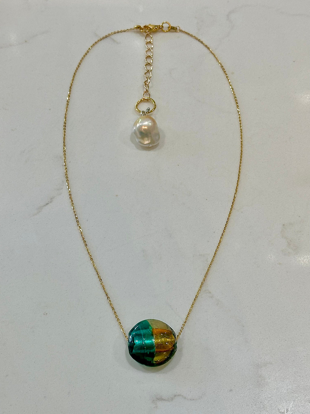 Deep Aqua (RARE)  and Gold Murano Glass on Yellow Gold Vermeil Sterling Chain