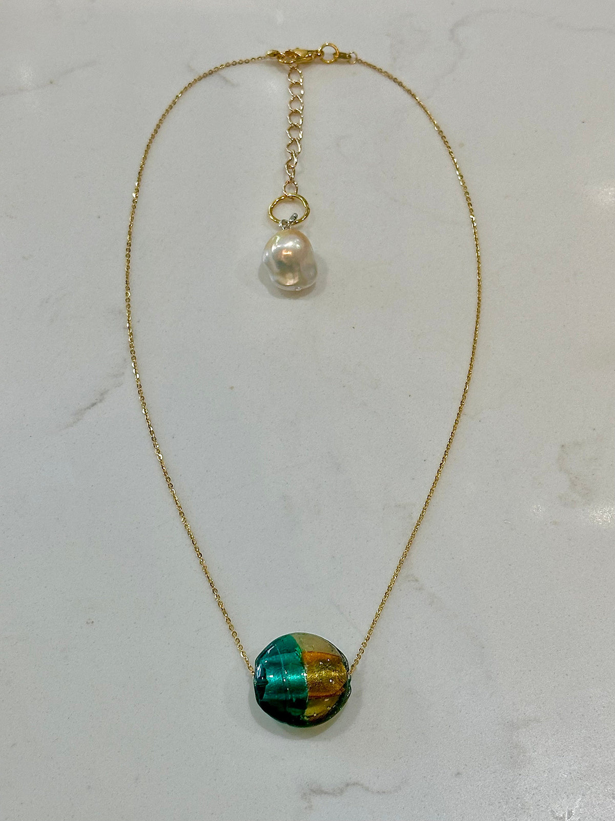 Deep Aqua (RARE)  and Gold Murano Glass on Yellow Gold Vermeil Sterling Chain