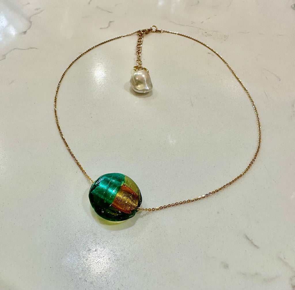 Deep Aqua (RARE)  and Gold Murano Glass on Yellow Gold Vermeil Sterling Chain