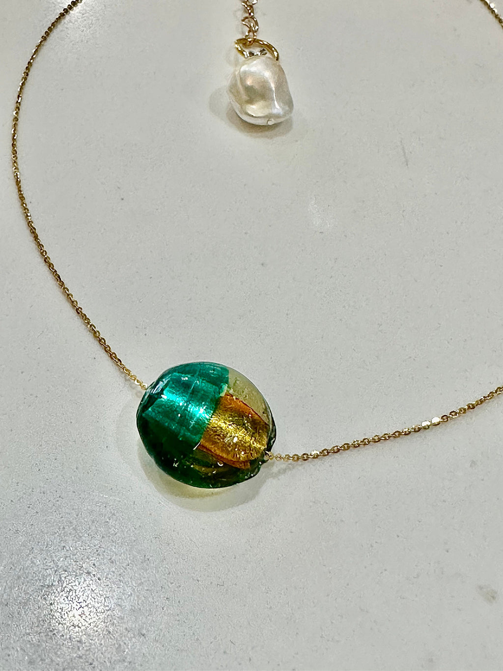 Deep Aqua (RARE)  and Gold Murano Glass on Yellow Gold Vermeil Sterling Chain