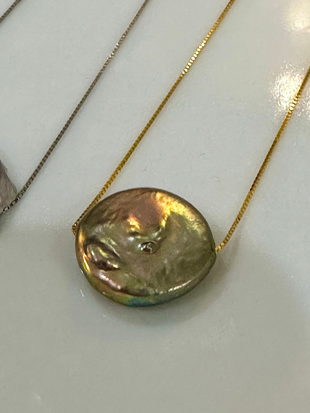 Sterling Silver Chain with a floating Iridescent Purple or Silver Coin Pearl