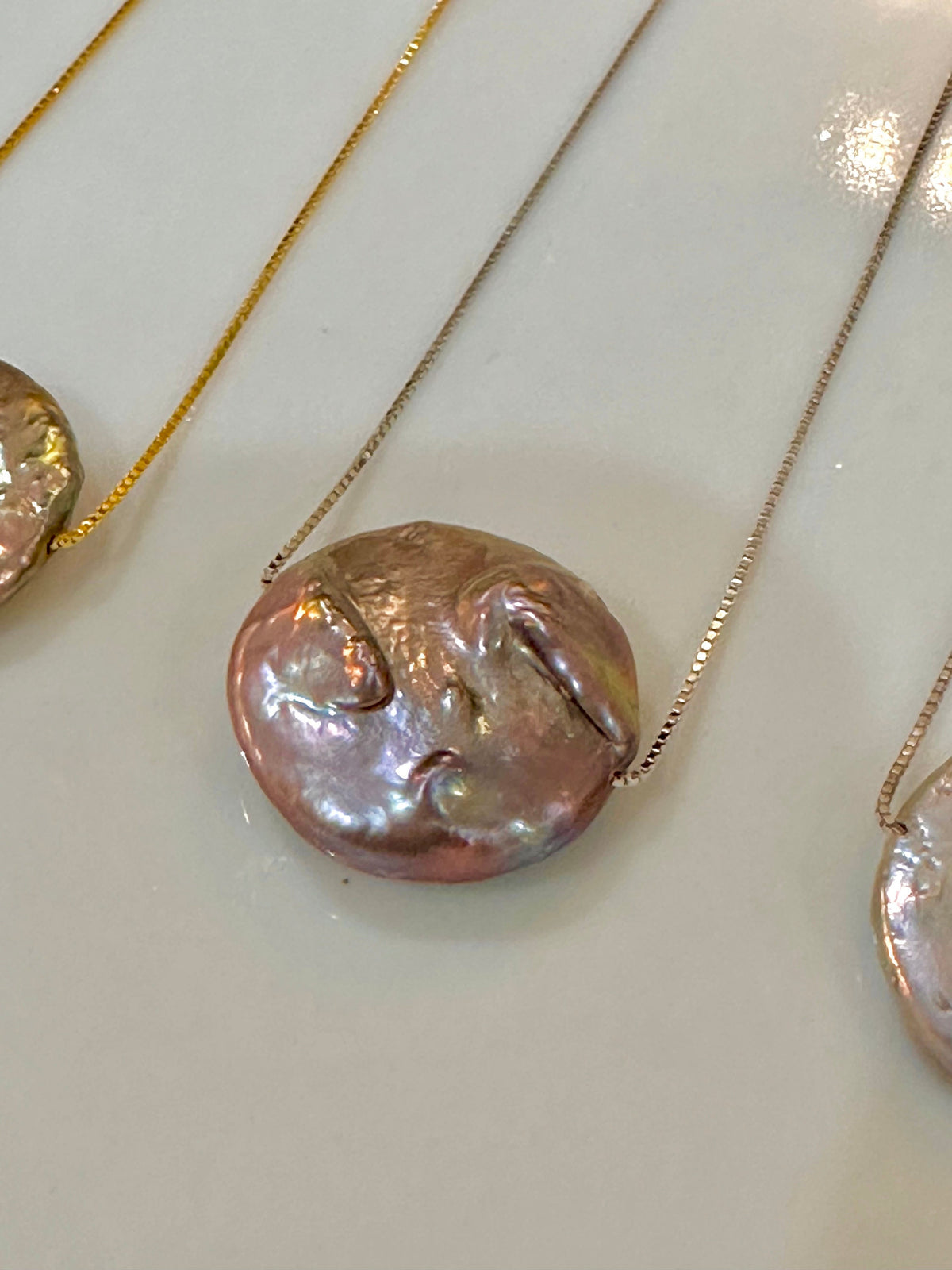 Sterling Silver Chain with a floating Iridescent Purple or Silver Coin Pearl