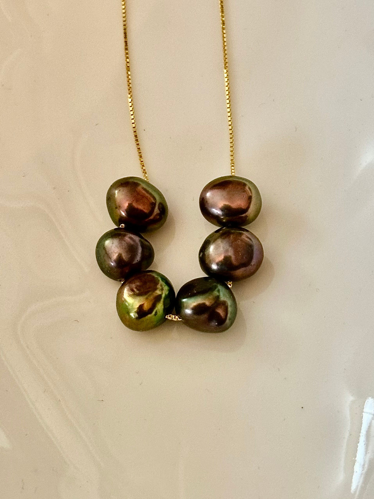 Six Iridescent Deep Purple Pearls Floating on a 925 Sterling Silver Chain-Yellow Gold color