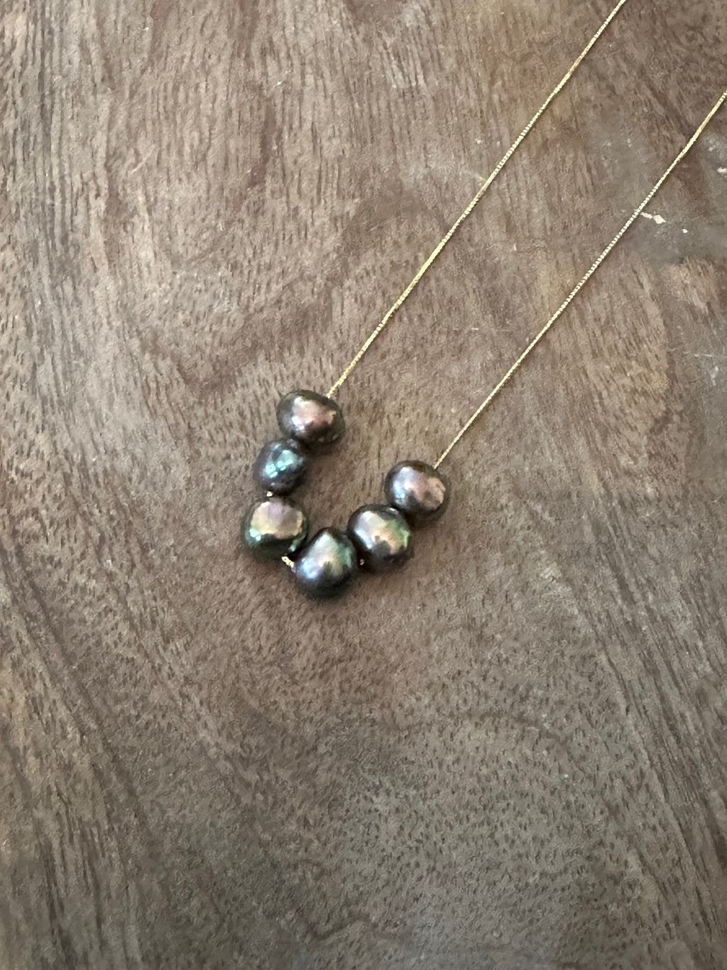 Six Iridescent Deep Purple Pearls Floating on a 925 Sterling Silver Chain-Yellow Gold color