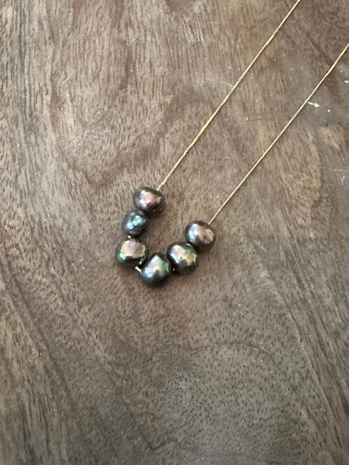 Six Iridescent Deep Purple Pearls Floating on a 925 Sterling Silver Chain-Yellow Gold color