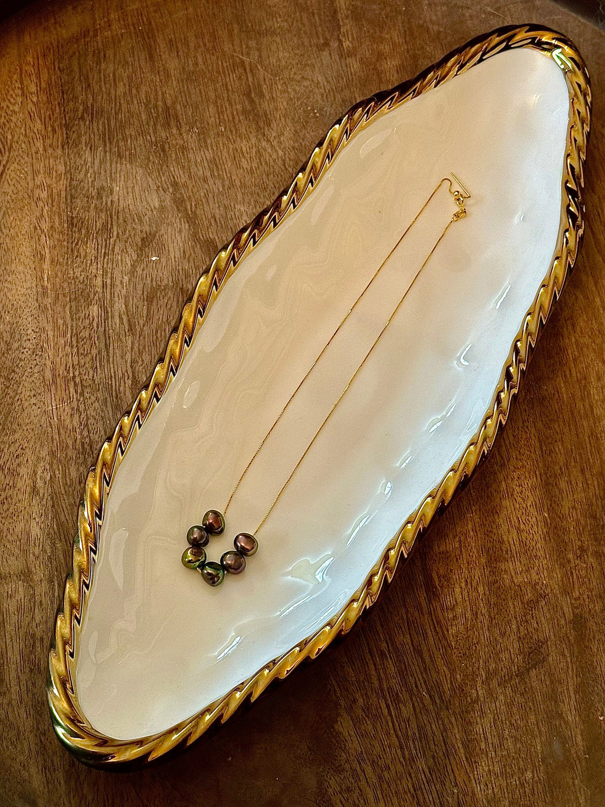 Six Iridescent Deep Purple Pearls Floating on a 925 Sterling Silver Chain-Yellow Gold color