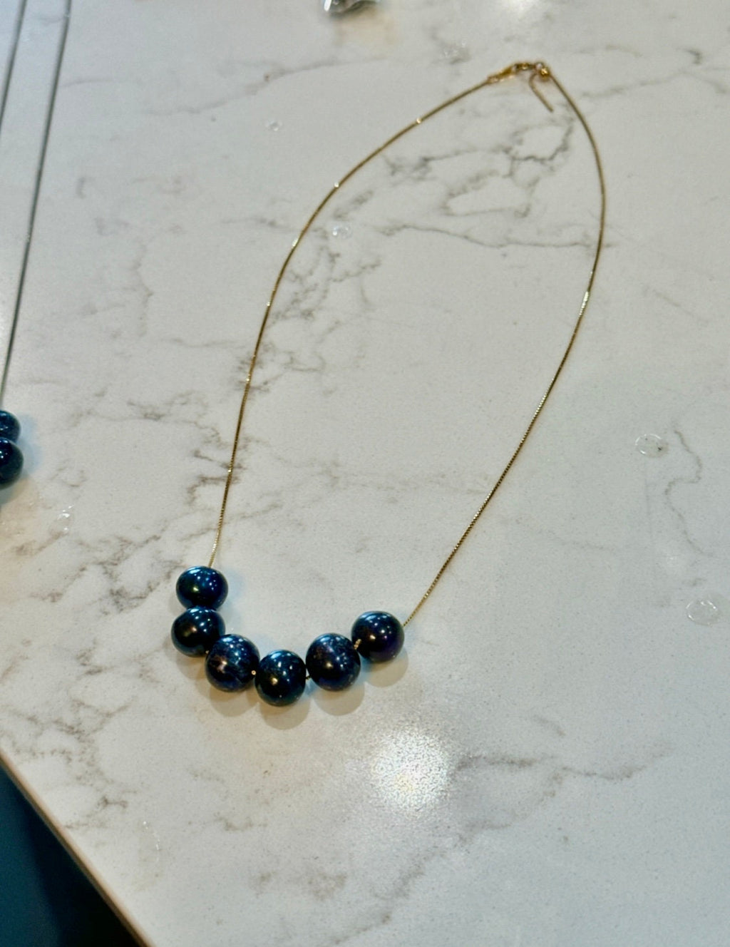SIX Black Floating Pearls on 925 Sterling Chain with Yellow Gold Overlay
