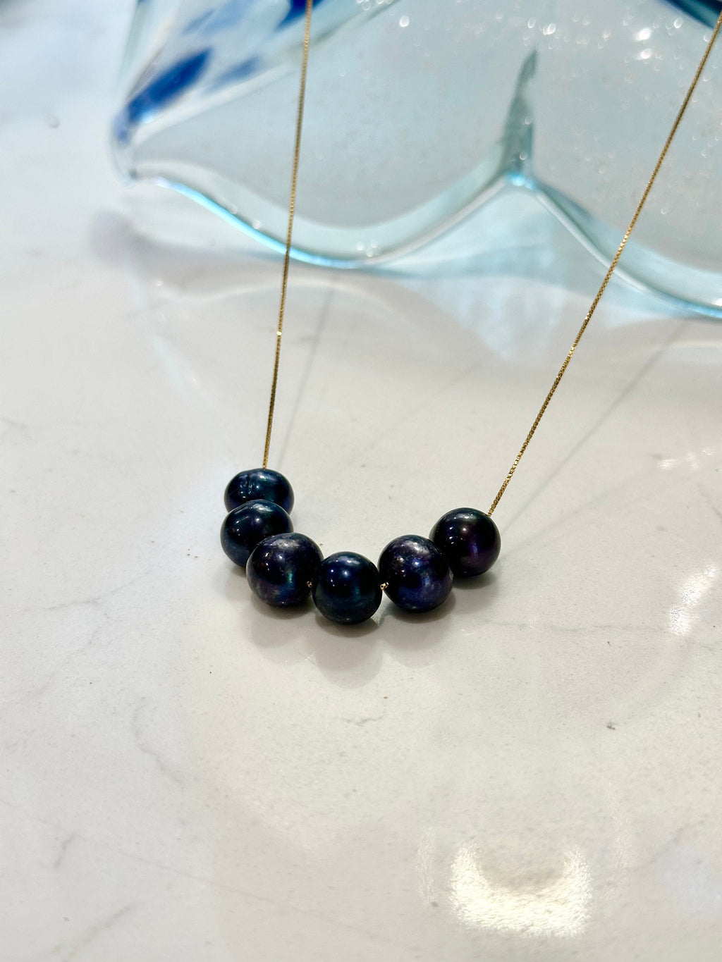 SIX Black Floating Pearls on 925 Sterling Chain with Yellow Gold Overlay