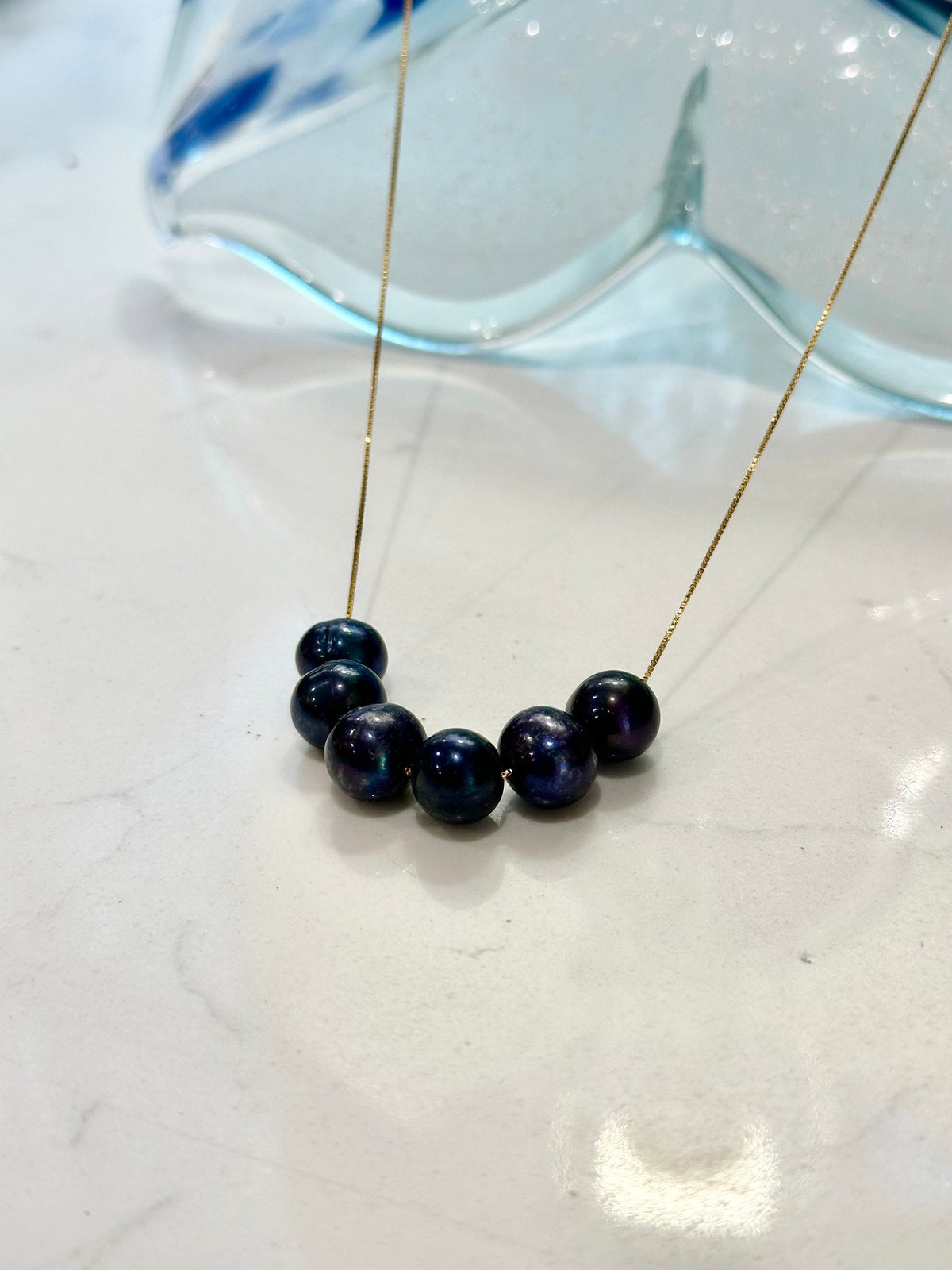 SIX Black Floating Pearls on 925 Sterling Chain with Yellow Gold Overlay
