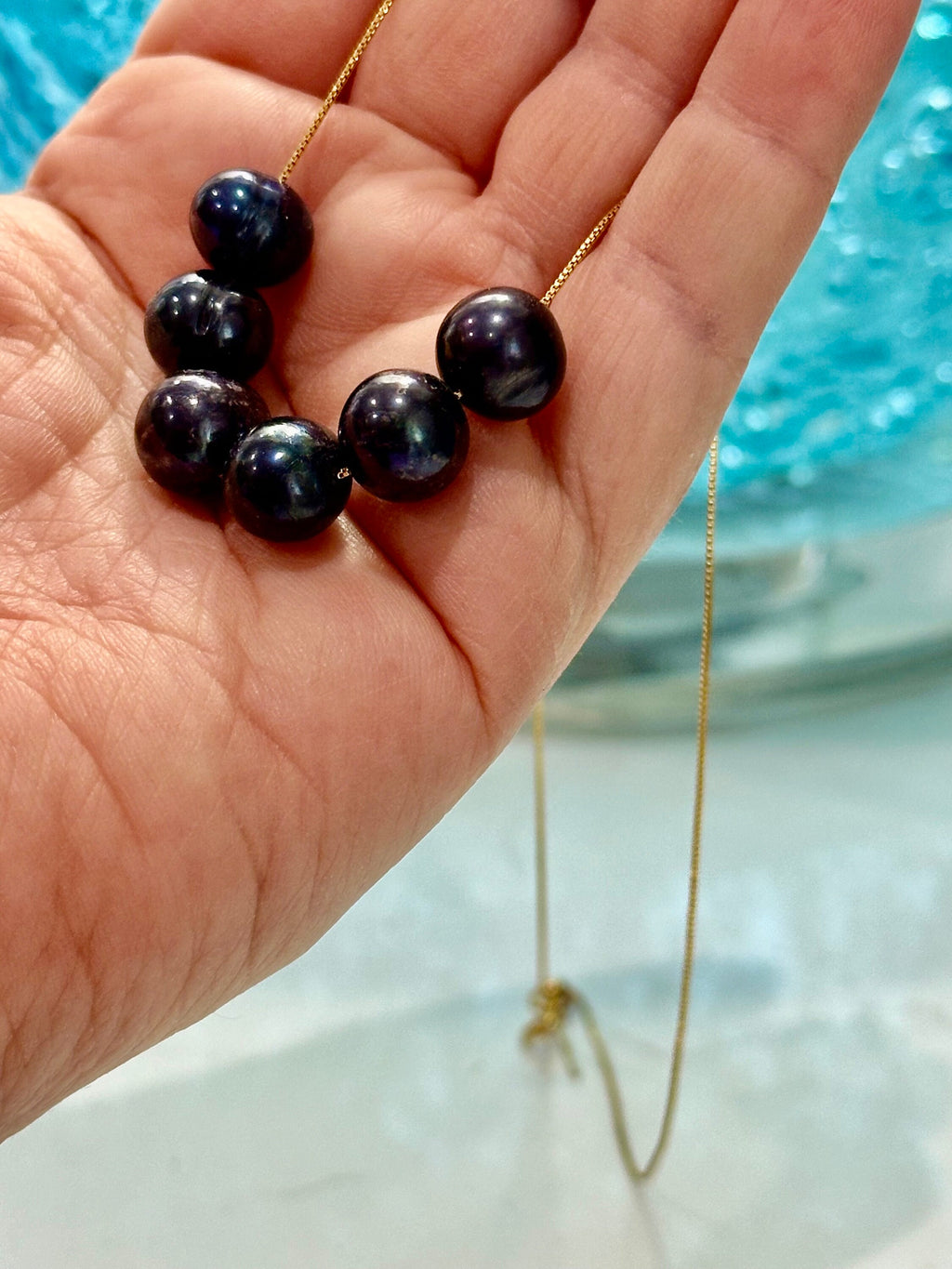 SIX Black Floating Pearls on 925 Sterling Chain with Yellow Gold Overlay