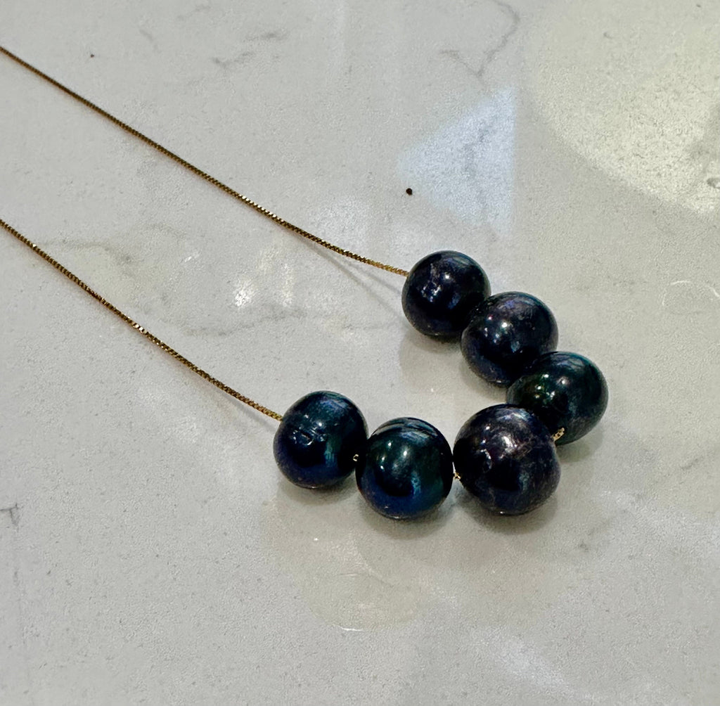SIX Black Floating Pearls on 925 Sterling Chain with Yellow Gold Overlay