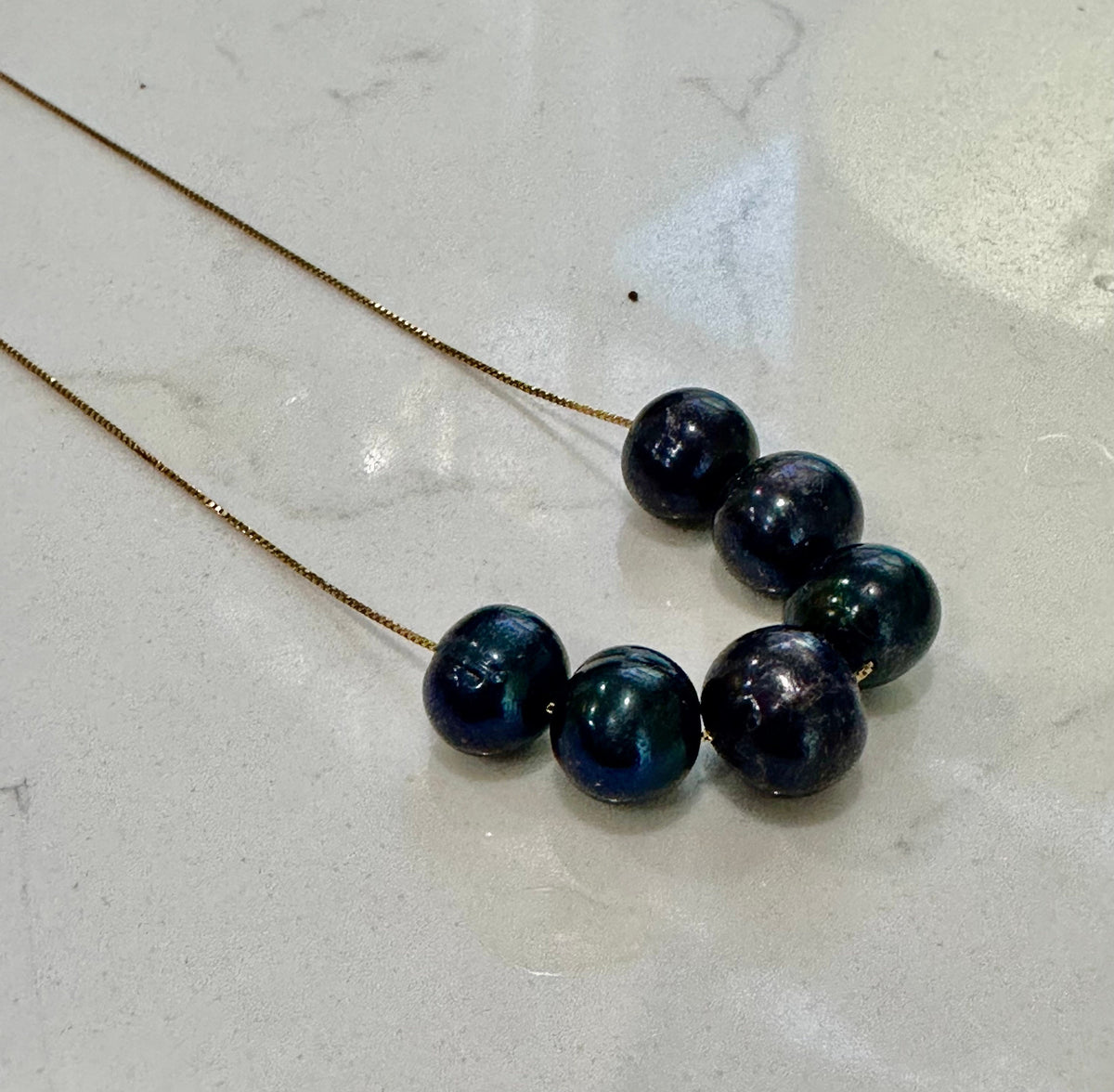 SIX Black Floating Pearls on 925 Sterling Chain with Yellow Gold Overlay