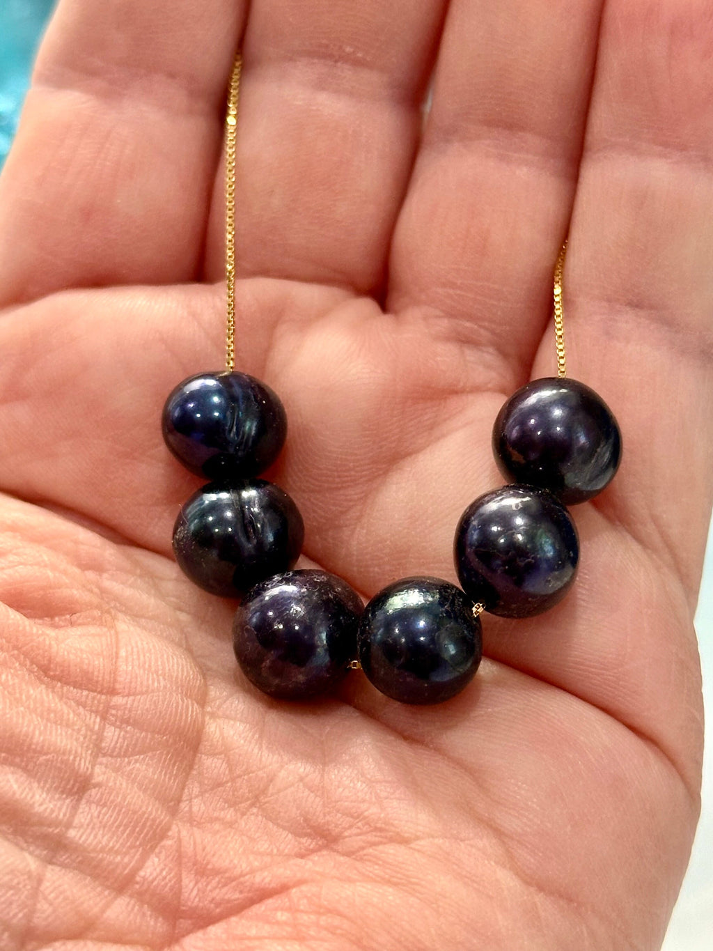 SIX Black Floating Pearls on 925 Sterling Chain with Yellow Gold Overlay