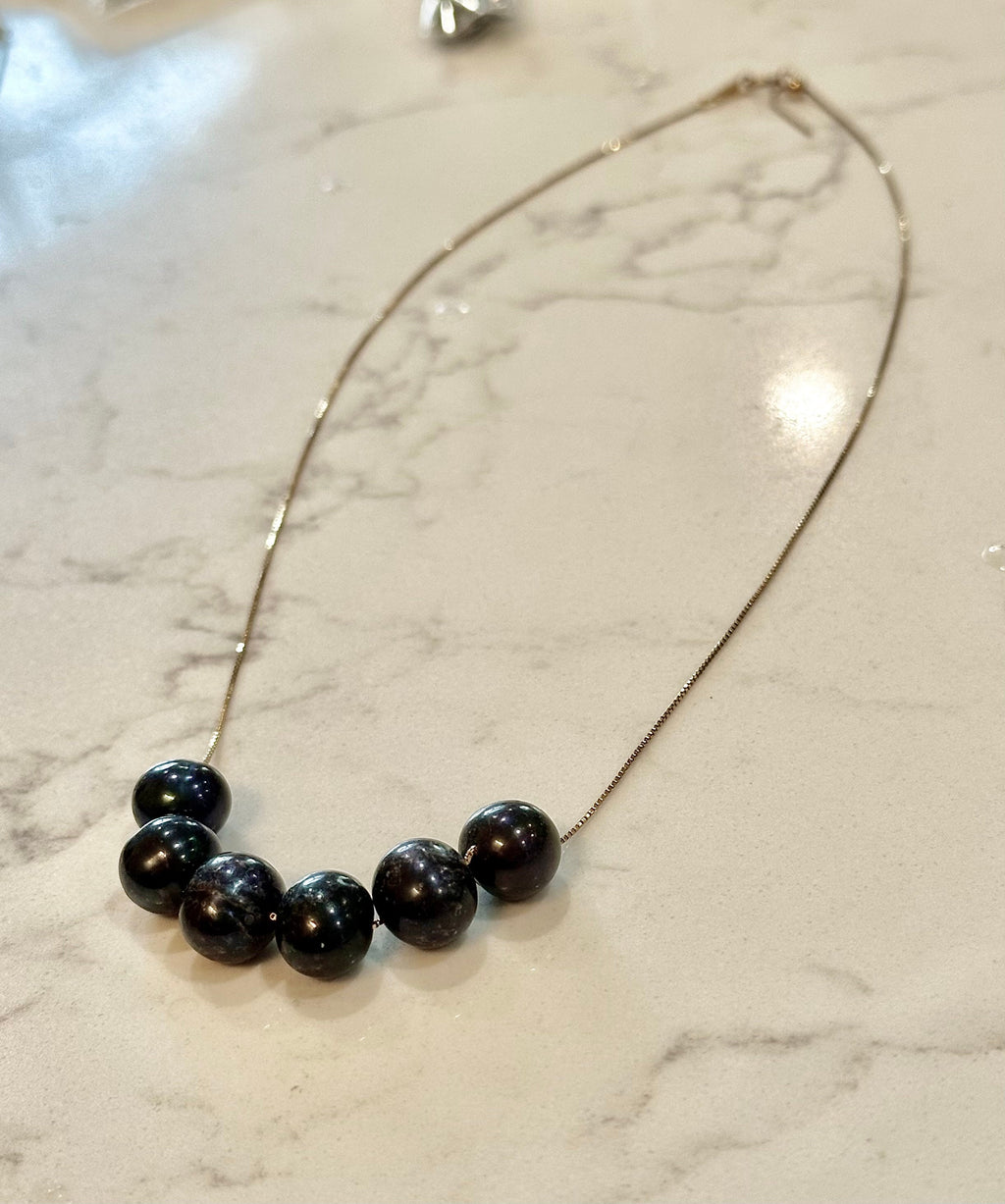 SIX Black Floating Pearls on 925 Sterling Chain with Yellow Gold Overlay