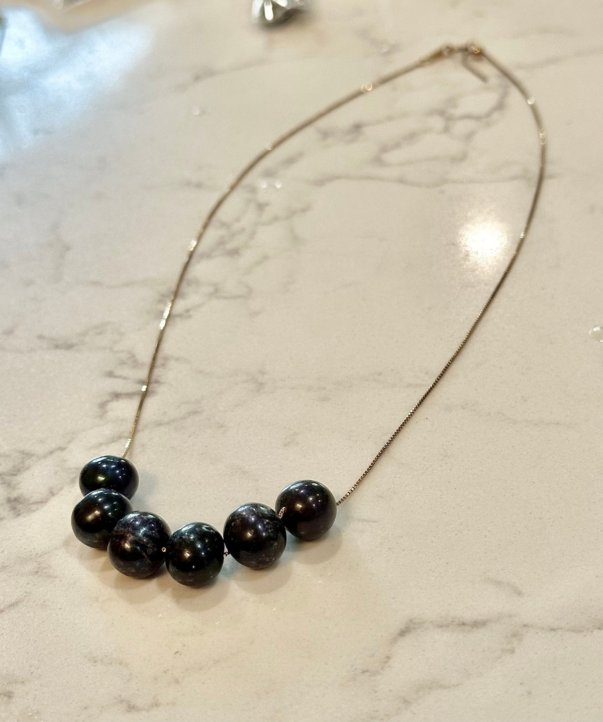 SIX Black Floating Pearls on 925 Sterling Chain with Yellow Gold Overlay