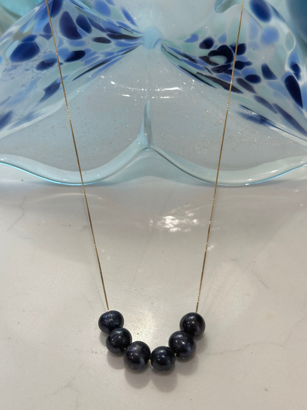 SIX Black Floating Pearls on 925 Sterling Chain with Yellow Gold Overlay