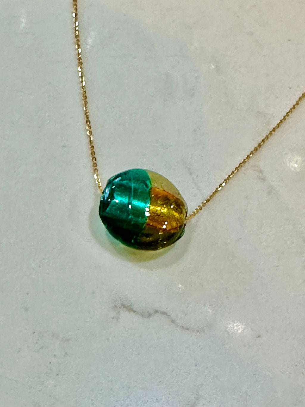 Deep Aqua (RARE)  and Gold Murano Glass on Yellow Gold Vermeil Sterling Chain