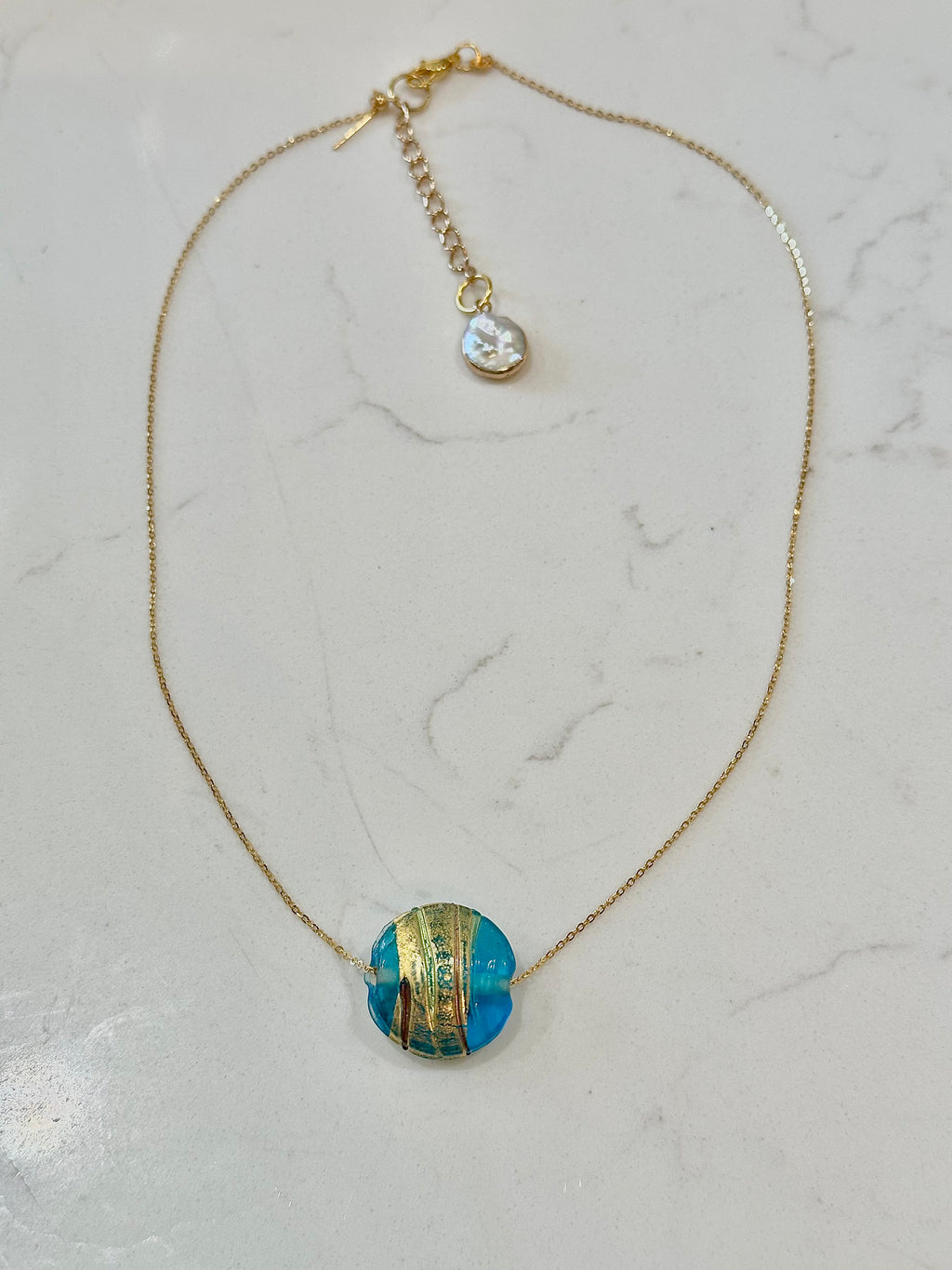 Rare Aqua Murano Glass on Sterling Chain with Yellow Gold Vermeil