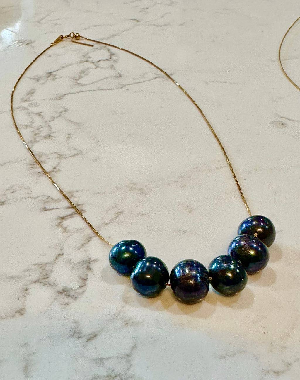 SIX Black Floating Pearls on 925 Sterling Chain with Yellow Gold Overlay