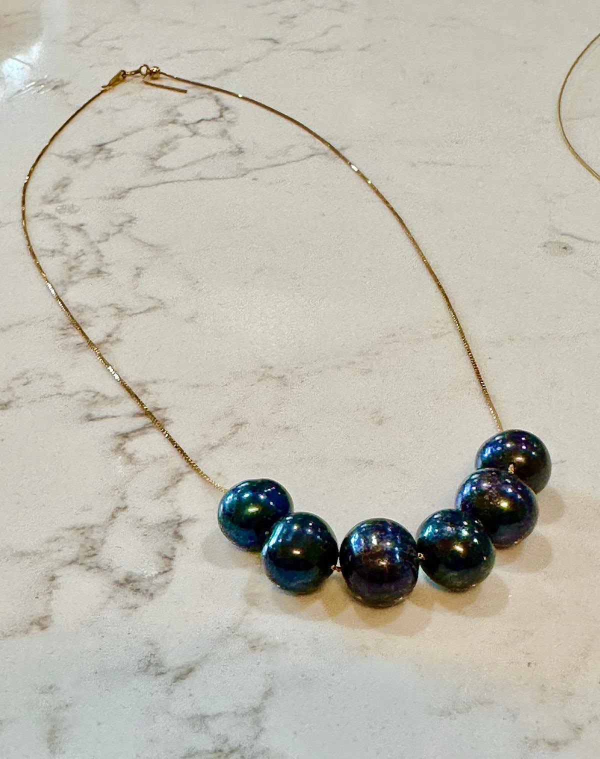 SIX Black Floating Pearls on 925 Sterling Chain with Yellow Gold Overlay