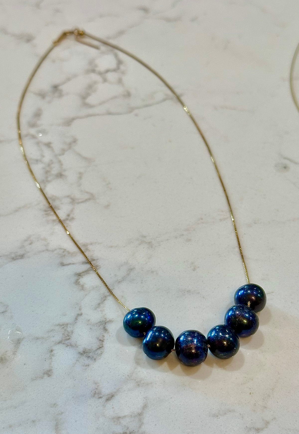 SIX Black Floating Pearls on 925 Sterling Chain with Yellow Gold Overlay