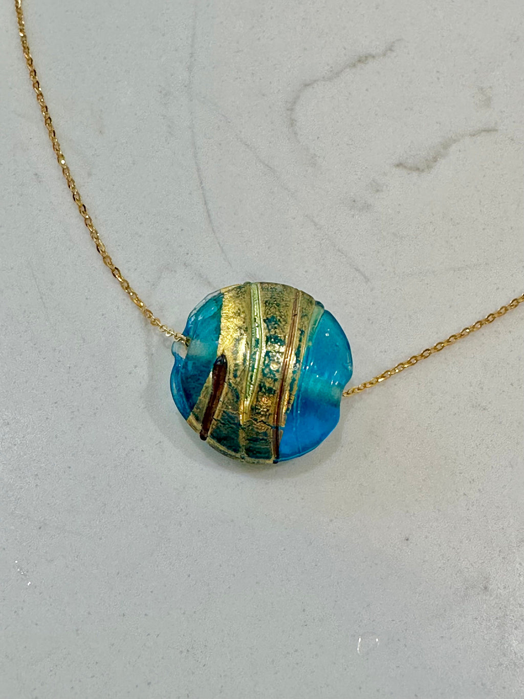 Rare Aqua Murano Glass on Sterling Chain with Yellow Gold Vermeil