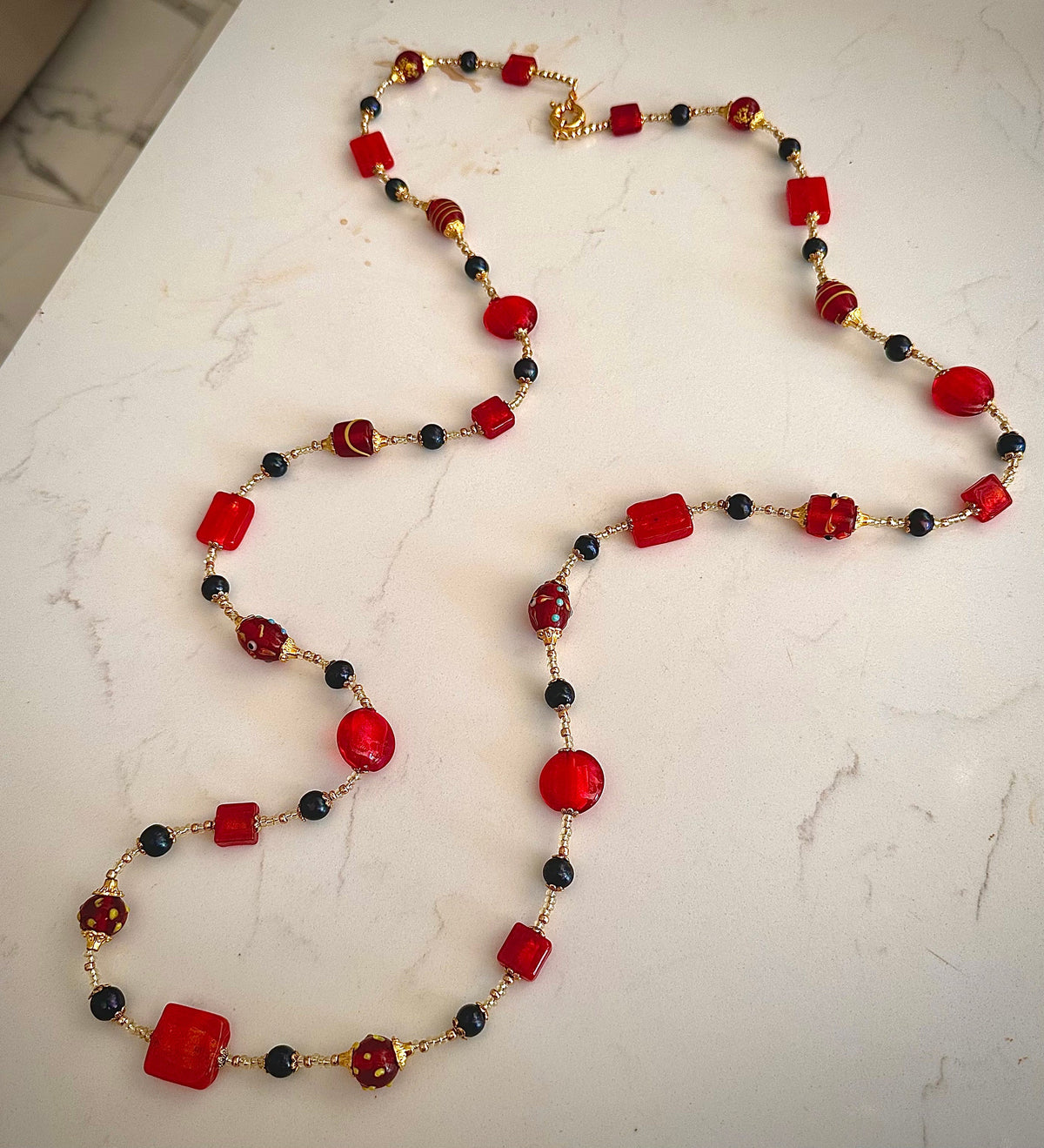 Rosario Leonardi Red and Gold Murano Glass Necklace