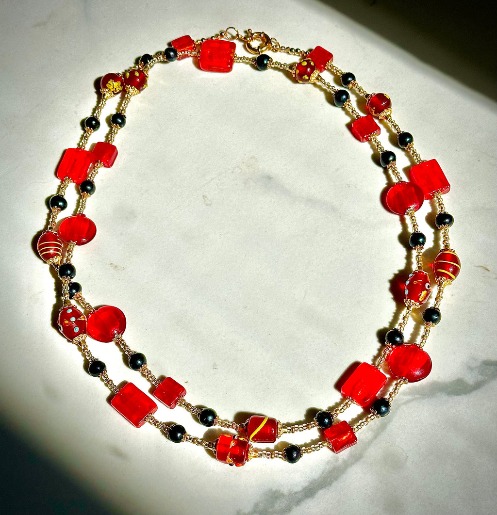 Rosario Leonardi Red and Gold Murano Glass Necklace