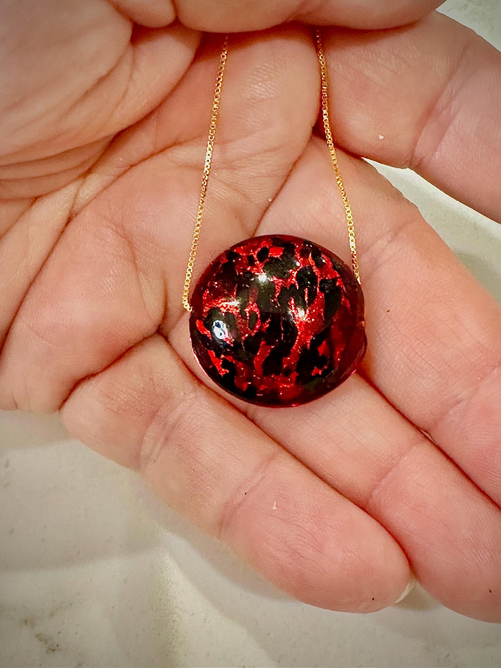 20mm Red Patterned Murano Glass on Sterling Chain Yellow Gold or Silver