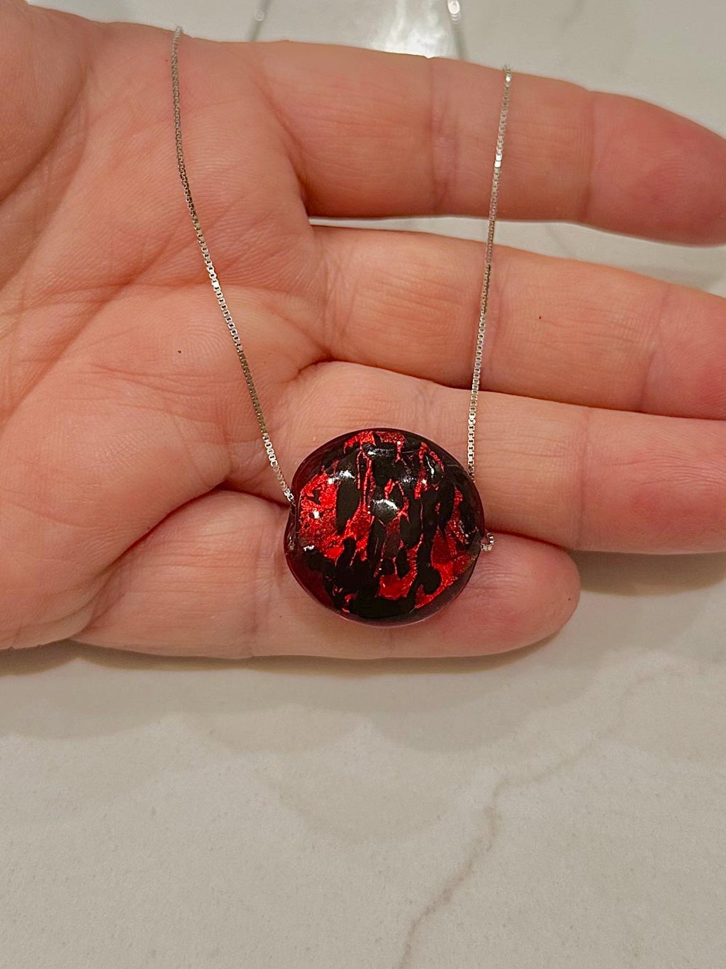 20mm Red Patterned Murano Glass on Sterling Chain Yellow Gold or Silver