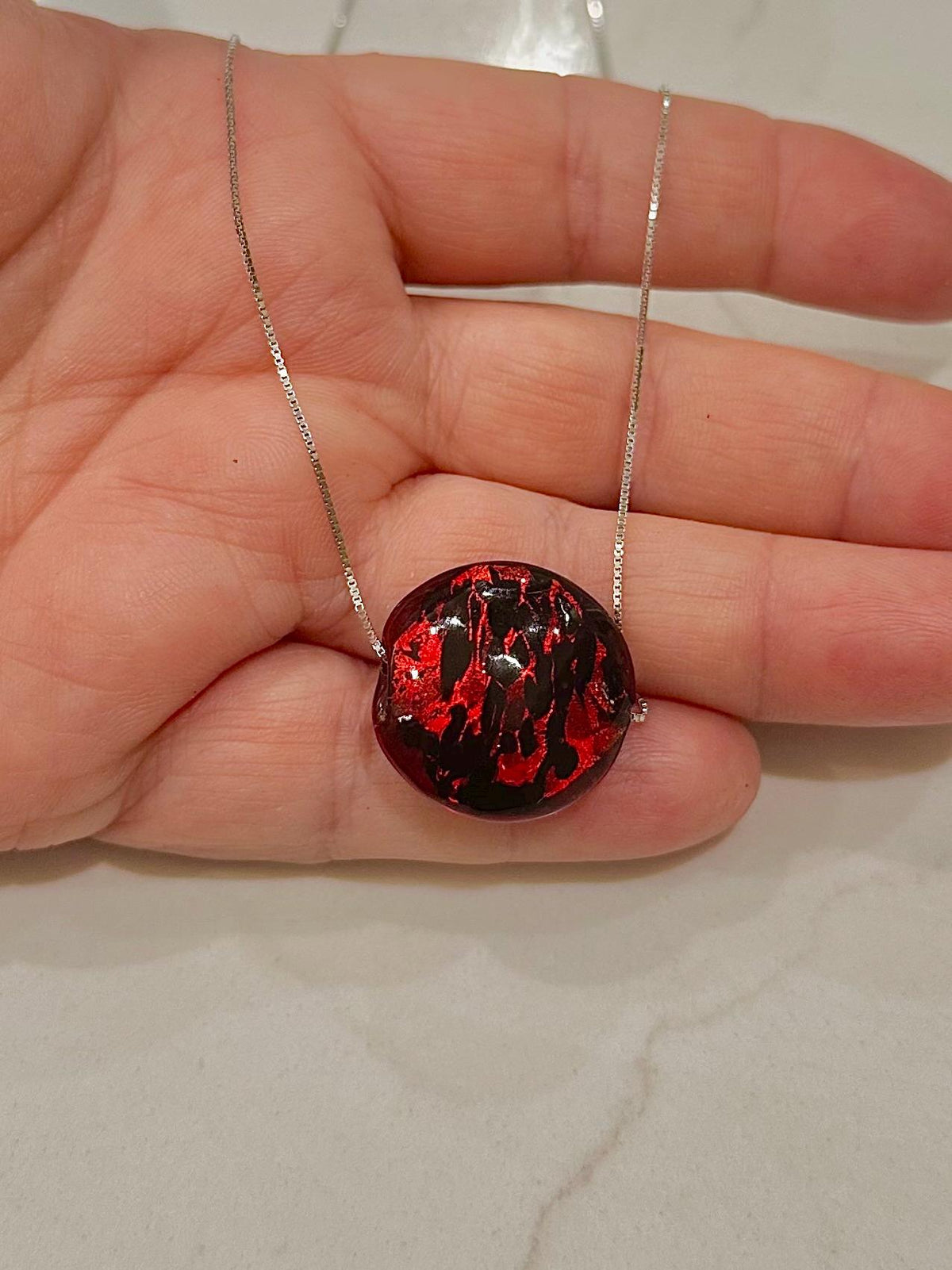 20mm Red Patterned Murano Glass on Sterling Chain Yellow Gold or Silver