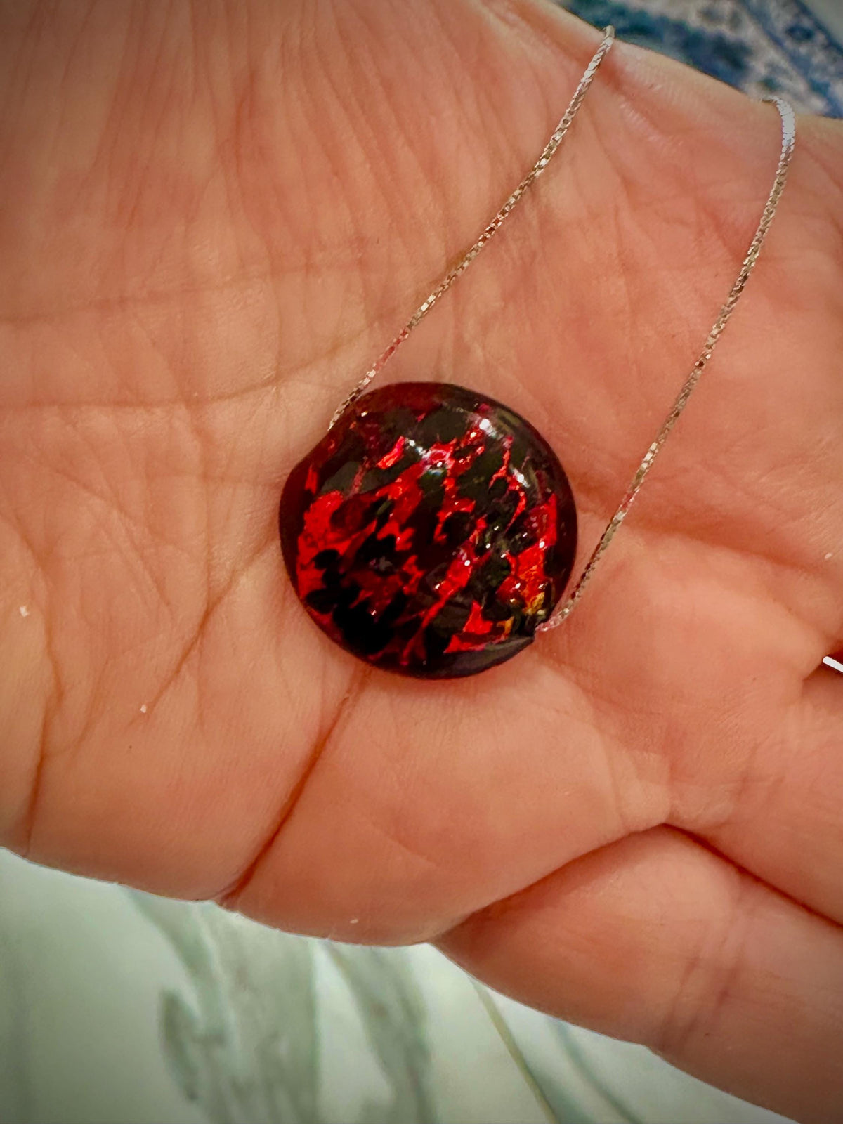 20mm Red Patterned Murano Glass on Sterling Chain Yellow Gold or Silver