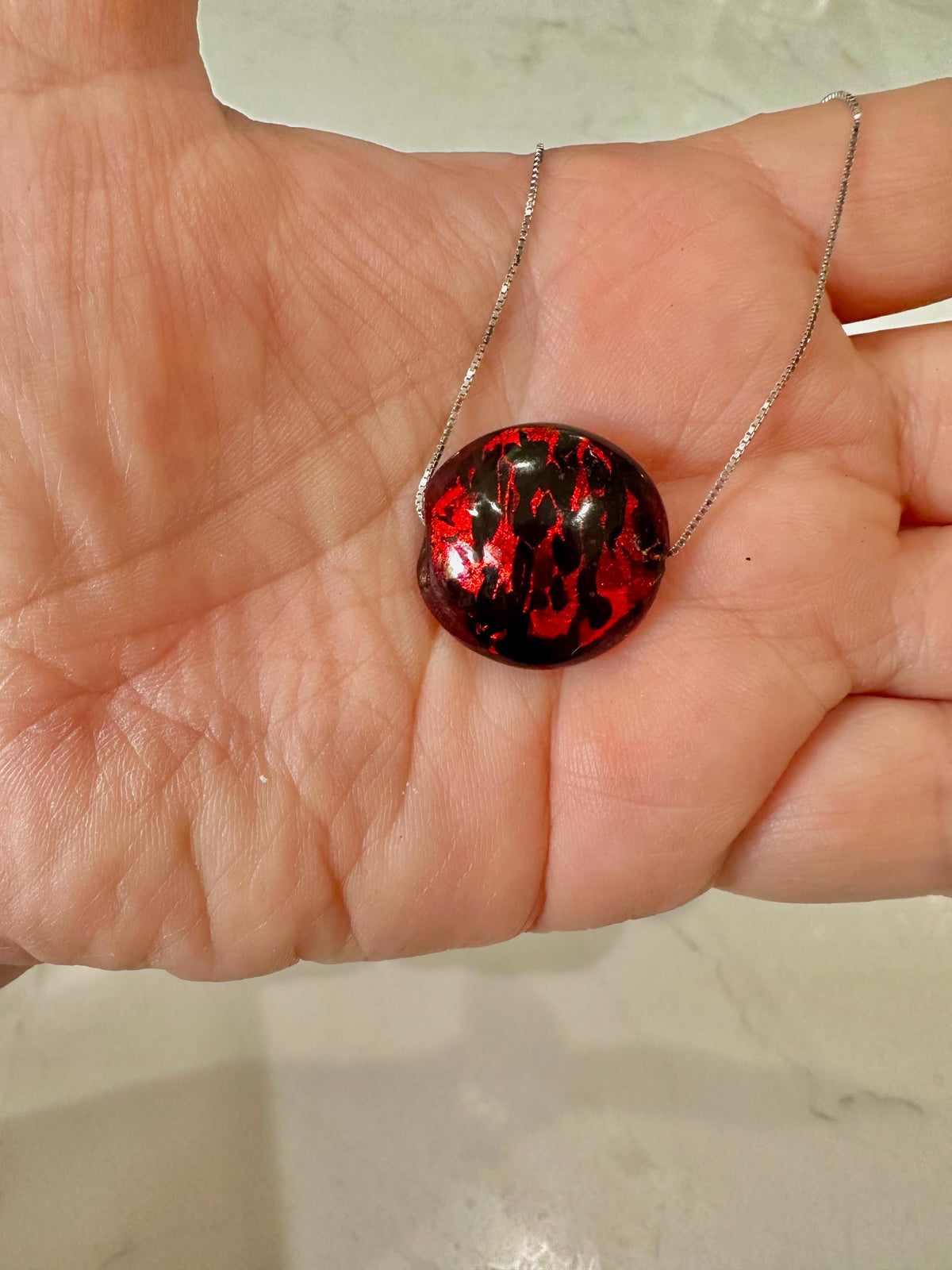 20mm Red Patterned Murano Glass on Sterling Chain Yellow Gold or Silver
