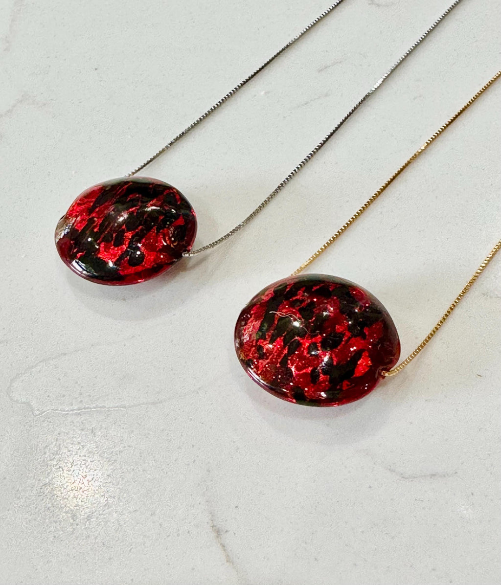 20mm Red Patterned Murano Glass on Sterling Chain Yellow Gold or Silver