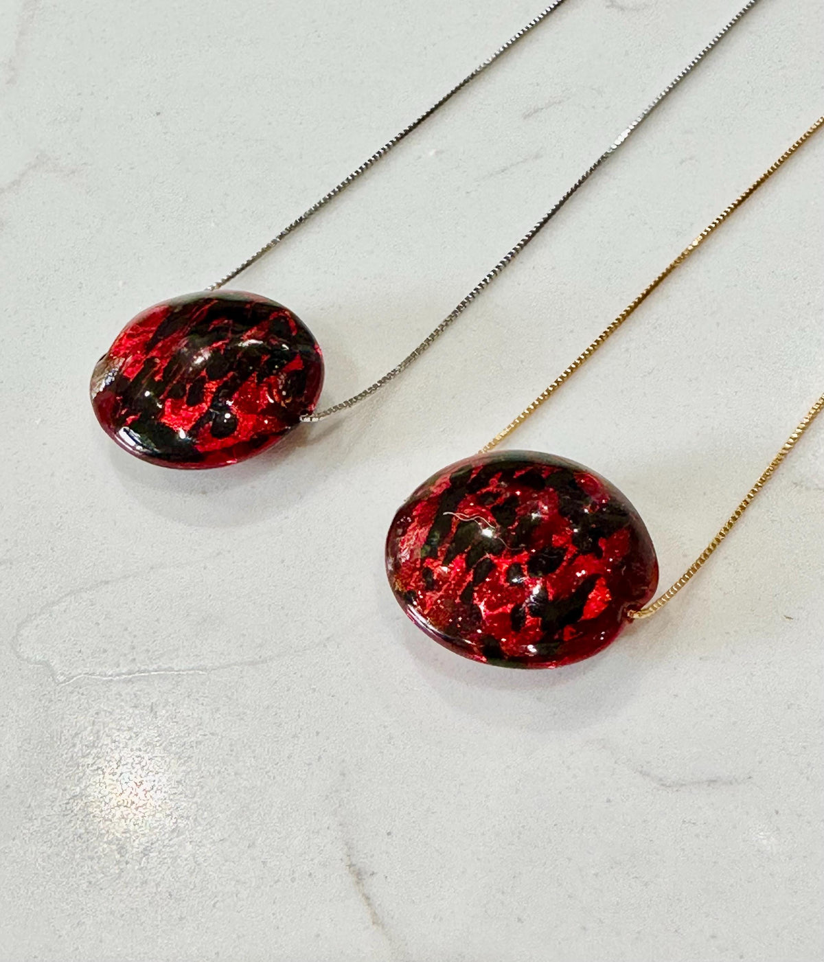 20mm Red Patterned Murano Glass on Sterling Chain Yellow Gold or Silver