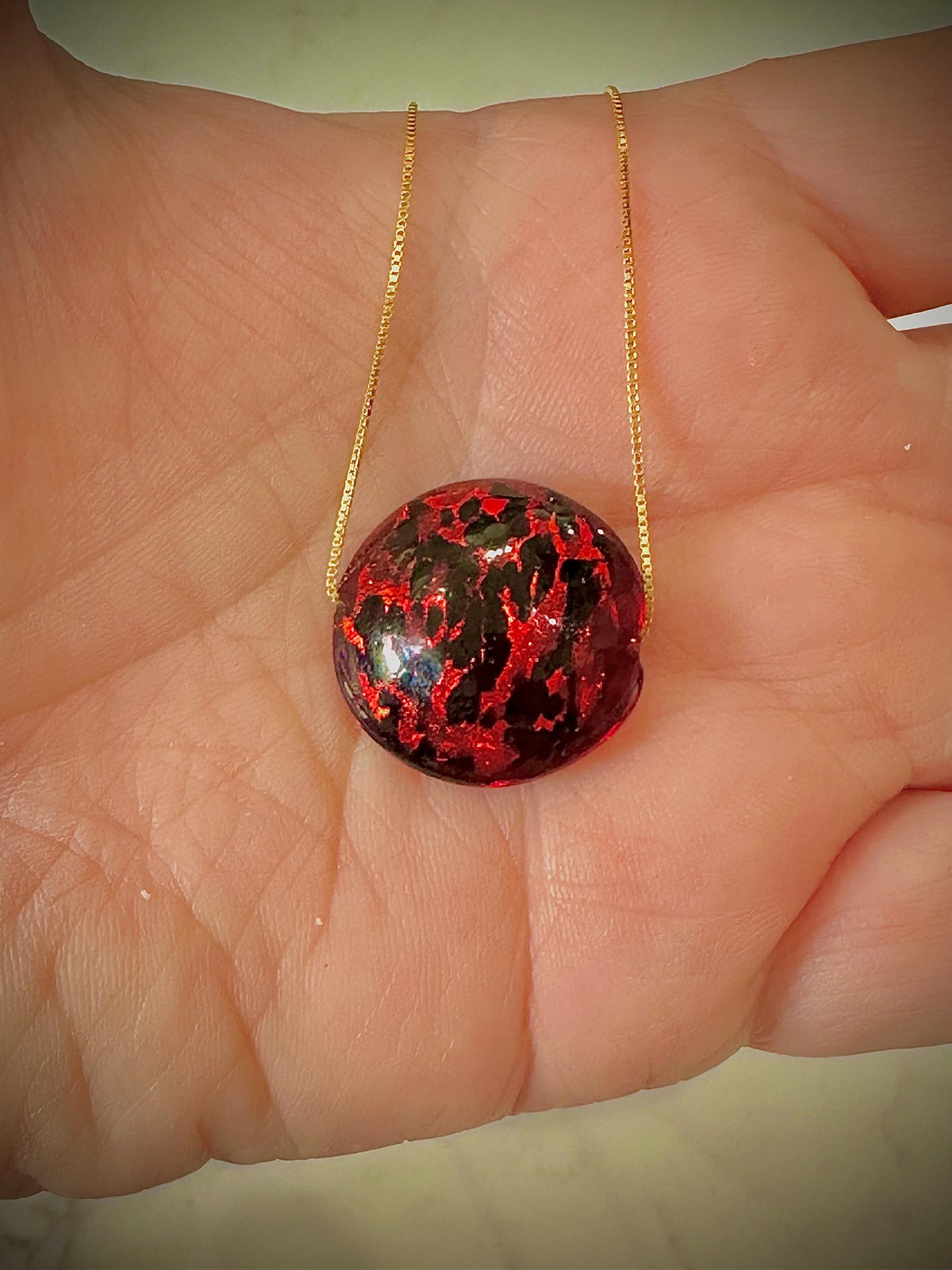 20mm Red Patterned Murano Glass on Sterling Chain Yellow Gold or Silver
