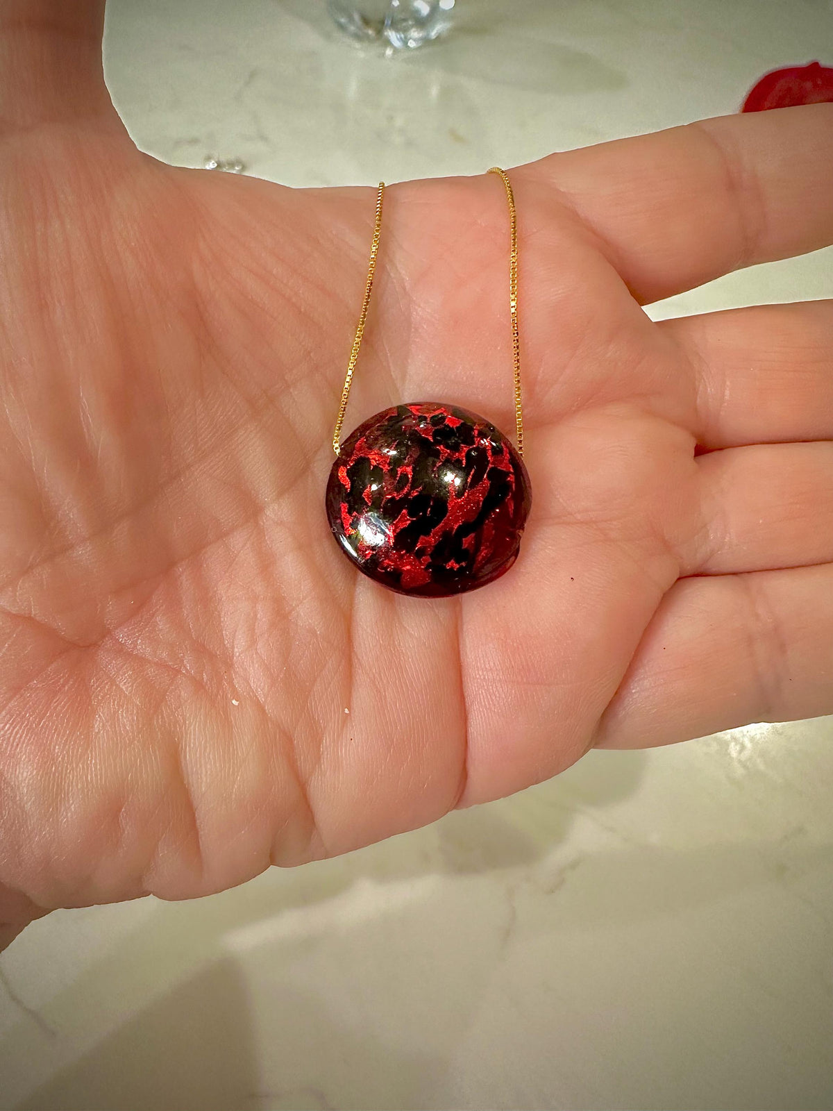 20mm Red Patterned Murano Glass on Sterling Chain Yellow Gold or Silver